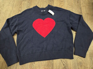 Gap Factory NWT Relaxed Cropped Intarsia Sweater Navy Heart Crewneck Large